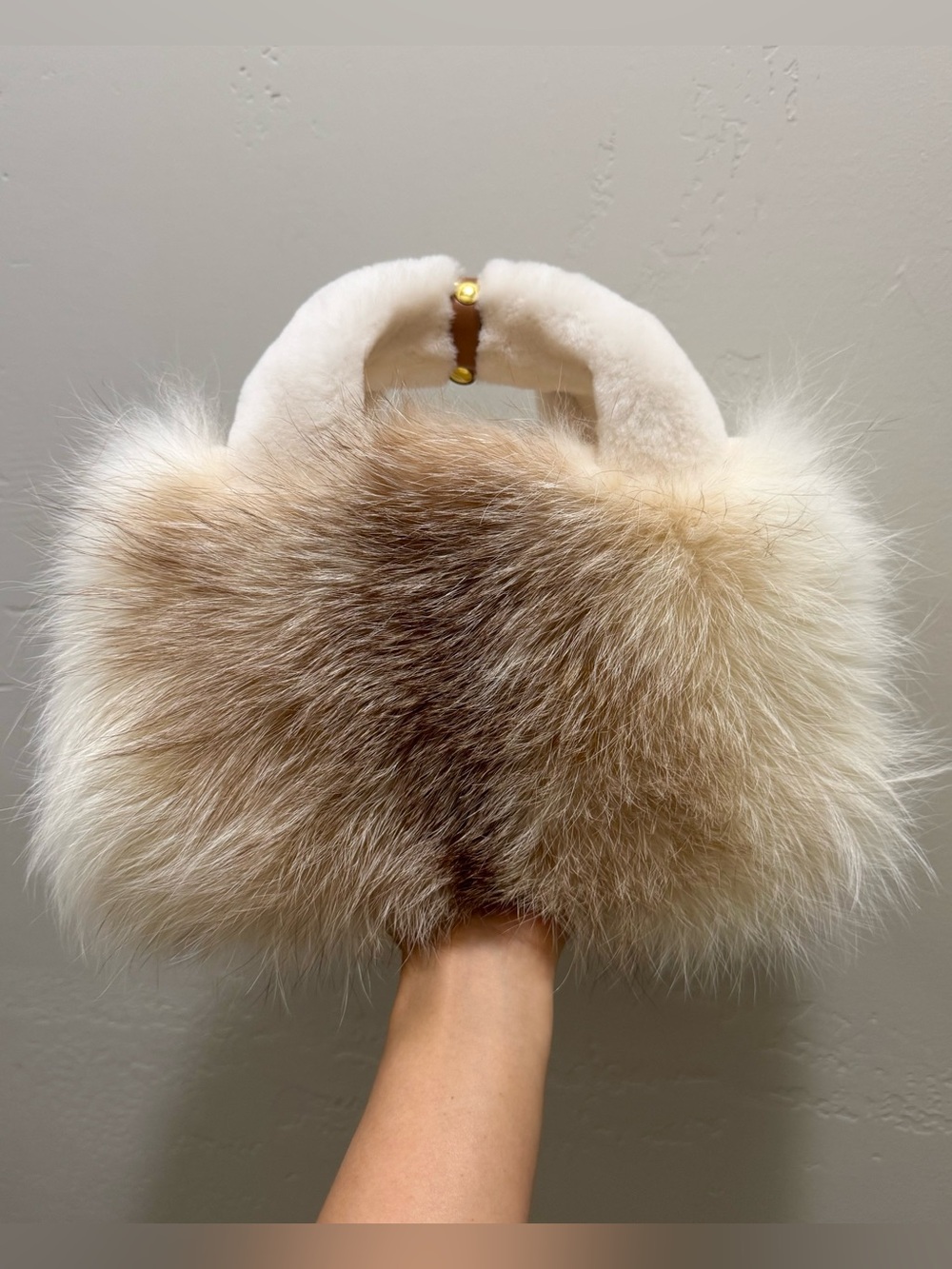 Natural Raccoon Fur Handmade Shearling Leather Handles Satchel, Crossbody